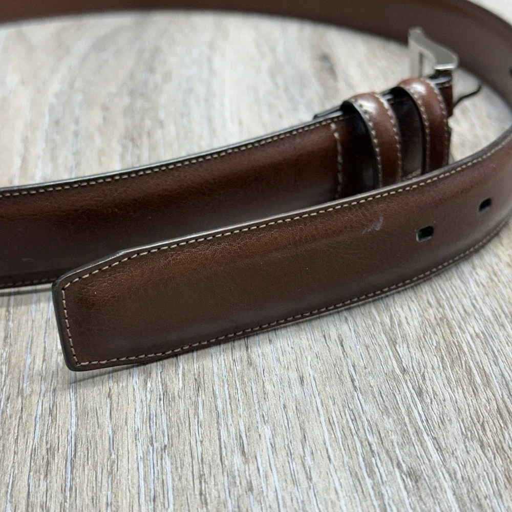 Perry Ellis Dress Belt Mens 38/95 Brown Bonded Leather Silver Buckle